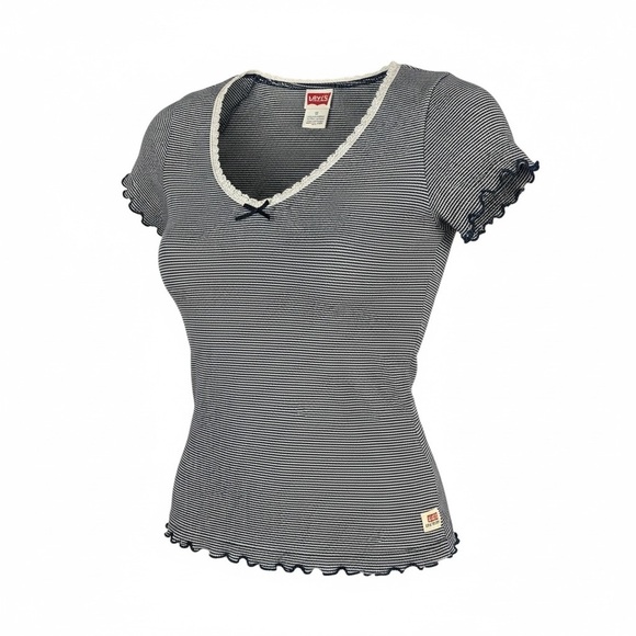 Levi's Tops - LEVIS S Navy Blue White Stripe V Neck Tee Lettuce Edge Sleeves Bow R $34